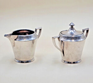 Vintage 1881 Rogers Silver Plate Creamer & Sugar Bowl Set 5016 w/ Lid Art Deco